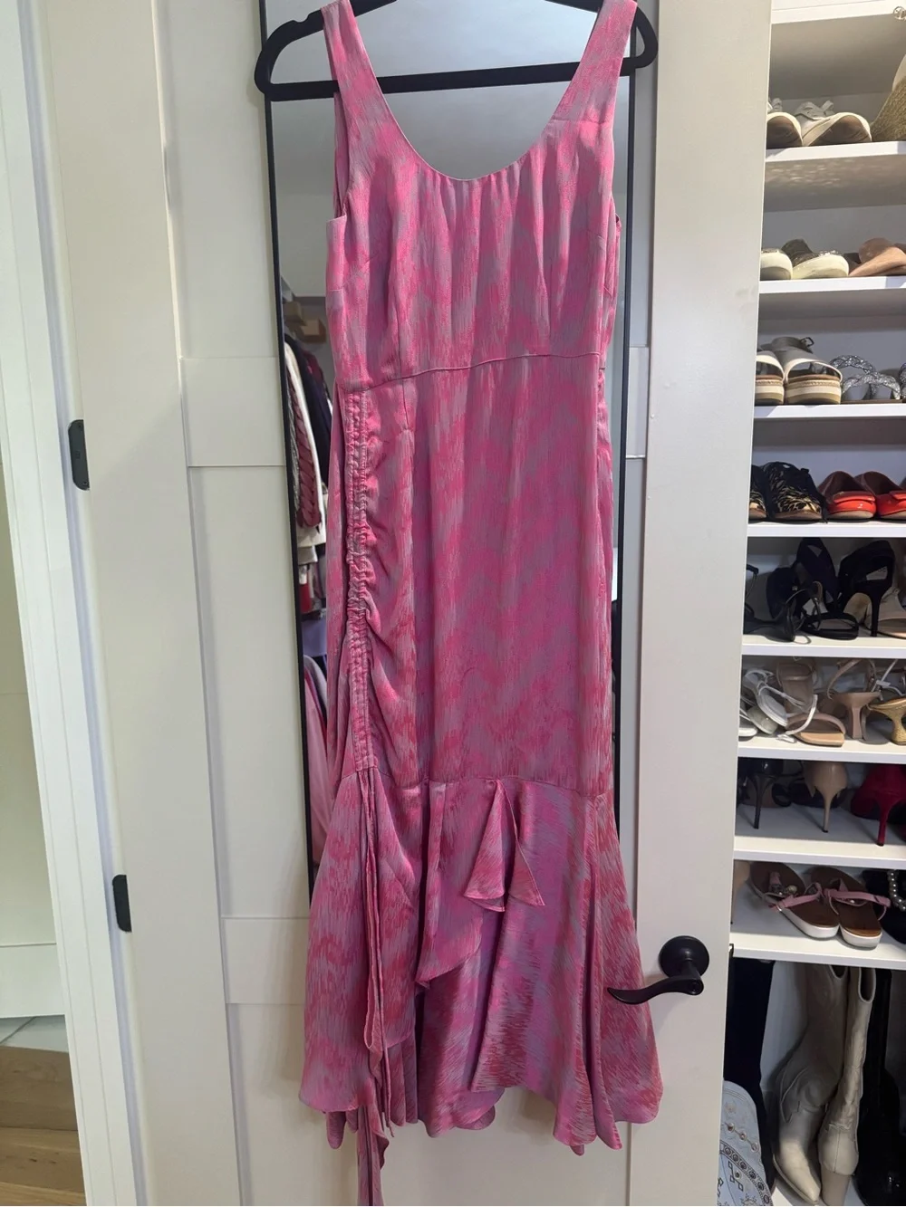 Anthropologie Pink Patterned Sleeveless Ruffle-Hem Maxi Dress